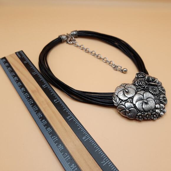 Chico's Floral Heart Silver Tone Pendant Necklace, 9 Strands Black Leather, 20" - Picture 6 of 12